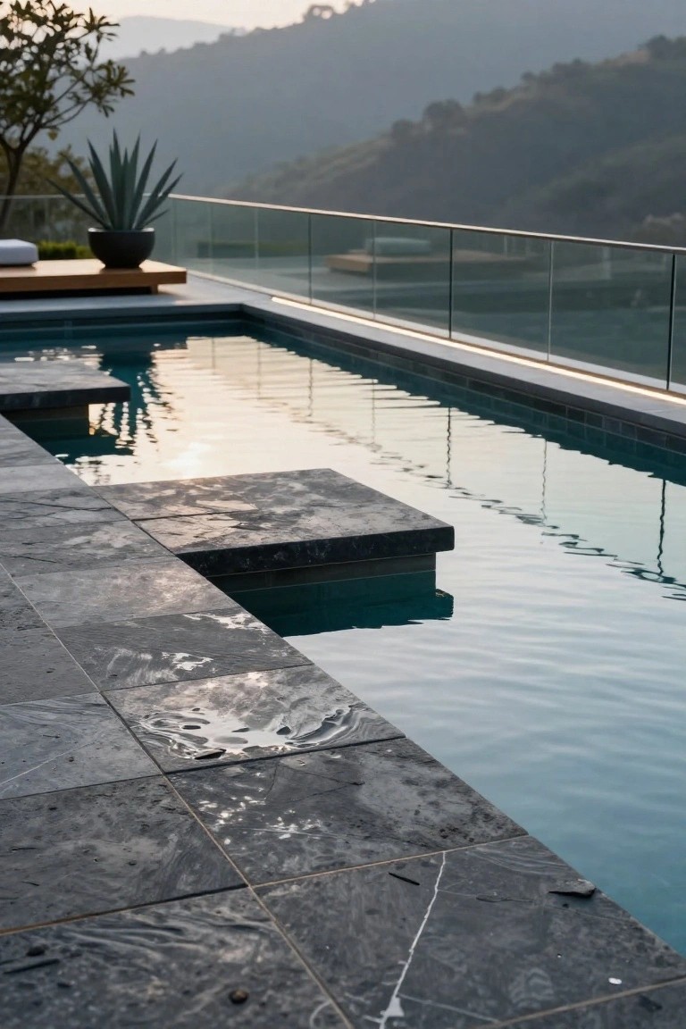Close-up view of a rectangular infinity-edge pool with dark gray stone deck tiles, raised stone platforms, glass railing, potted agave plant, and distant misty hills at sunset.
