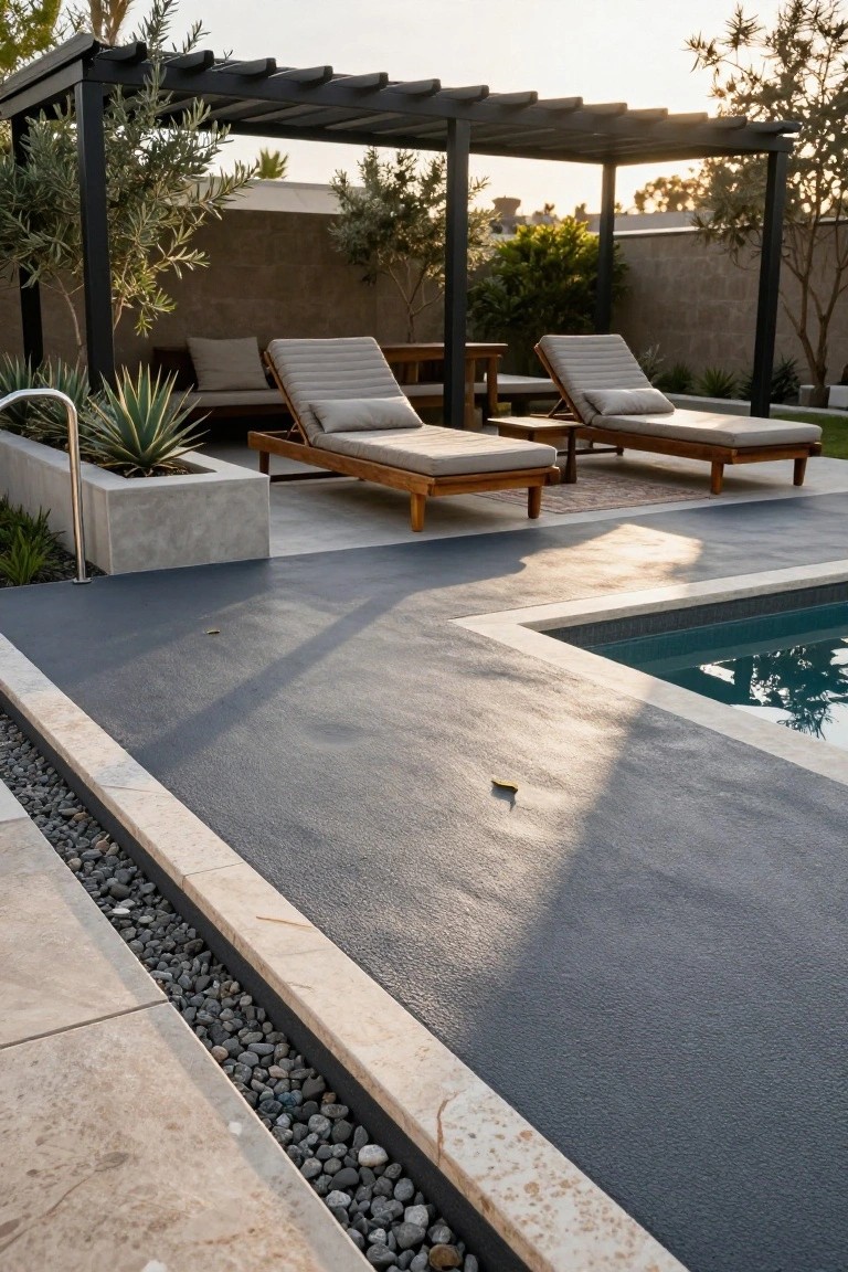 Pool deck with dark textured non-slip surface edged in light stone and pebbles, wooden loungers under black pergola, agave plants in gray planters, and turquoise pool water.