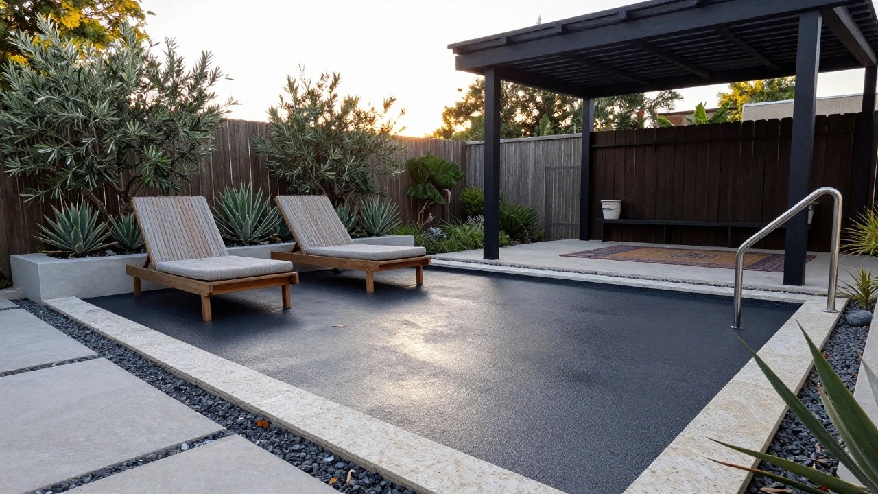 Pool deck with dark textured non-slip surface edged in light stone and pebbles, wooden loungers under black pergola, agave plants in gray planters, and turquoise pool water.