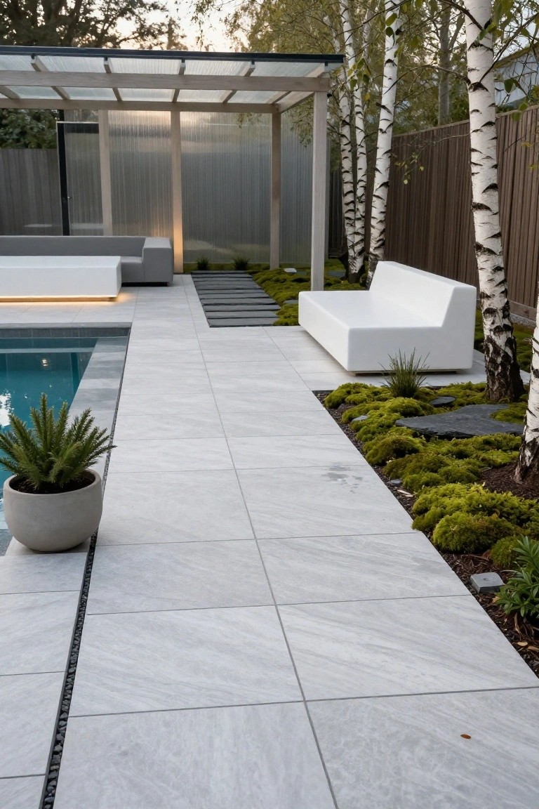 Pool deck paved with large light gray veined porcelain tiles, linear pebble drains, white L-shaped bench, potted aloe plant, low mossy ground cover, and birch trees next to a turquoise inground pool.