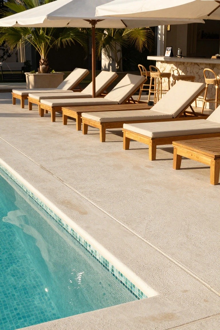 Pool deck with multiple wooden lounge chairs topped by beige cushions under white umbrellas, rattan bar stools at a stone bar, turquoise mosaic tiled pool edge, and palm trees nearby.
