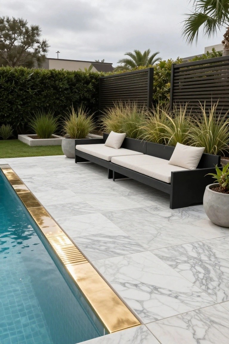 Pool deck paved with white marble-patterned tiles next to a blue-tiled pool with gold brass edging, black outdoor sofa with cushions, potted plants, grasses, and slatted fence in the background.