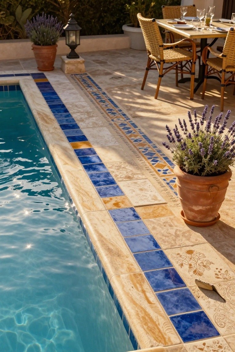 Pool edge with blue and yellow patterned tiles set into beige stone decking, potted lavender plants nearby, and an outdoor dining table with wicker chairs in the background.