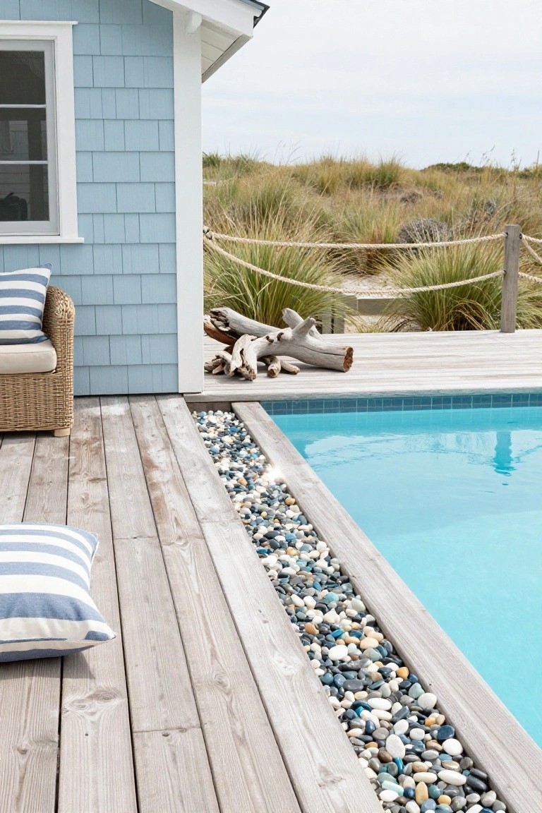 Wooden deck next to a blue-tiled pool with a narrow trench of multicolored pebbles along the edge, including wicker chairs with cushions, driftwood logs, rope fence, and beach dunes in the background.