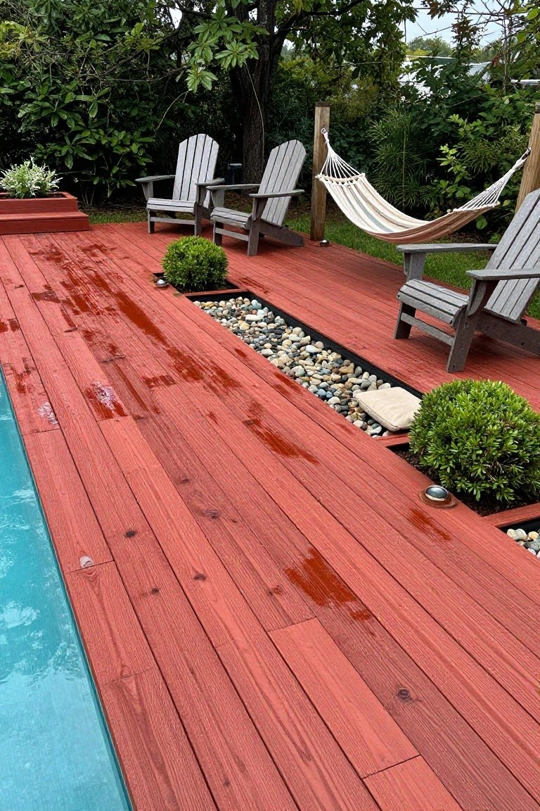 Red wooden deck planks surrounding a rectangular blue pool edge, with gray Adirondack chairs, a beige hammock, potted shrubs, and pebble-filled linear inlays, surfaces wet from rain.