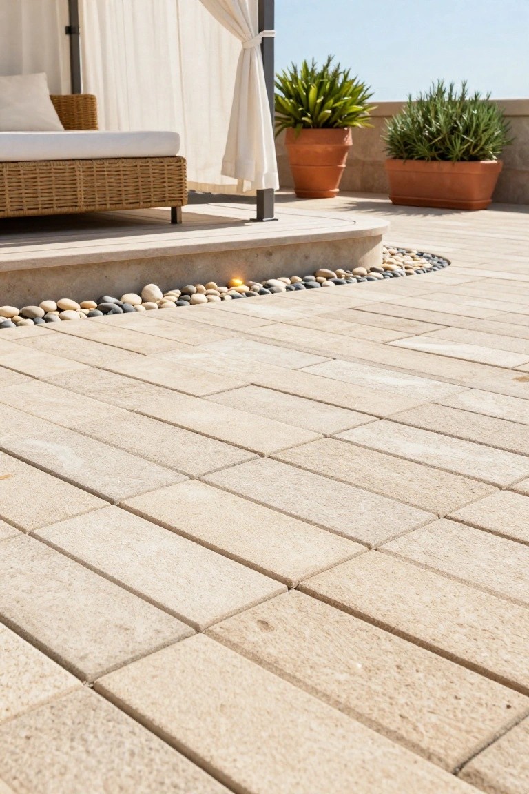 Pool deck paved with light beige rectangular pavers and edged with smooth pebbles, next to potted plants and a wicker daybed under a white-curtained canopy on a sunny terrace.