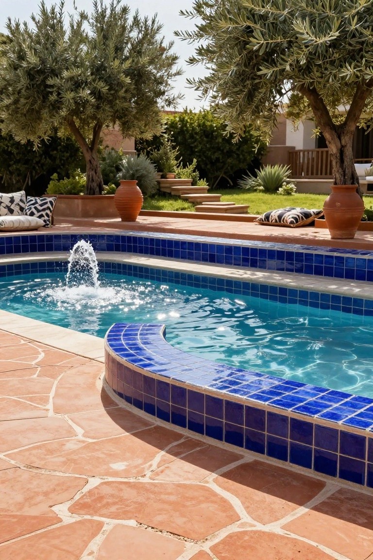 Curved swimming pool with blue tiles and central fountain, surrounded by terracotta pavers, lounge seating, potted plants, and olive trees in a sunny garden.