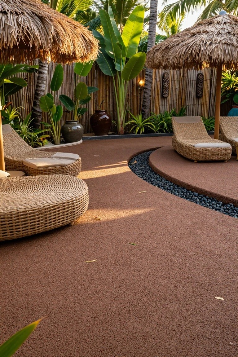 Reddish-brown textured pool deck surface with curved black pebble-edged path, rattan loungers under thatched umbrellas, surrounded by tropical plants, palms, and bamboo fencing.