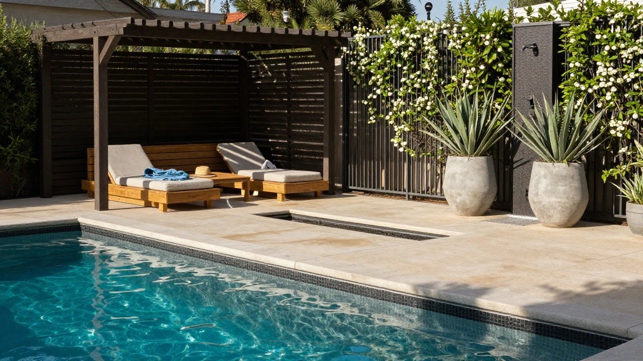 Small turquoise pool on travertine decking with wooden pergola shading two beige loungers, potted agaves, climbing white flowers on pergola posts, wooden fence, palm trees, and dark outdoor shower enclosure.