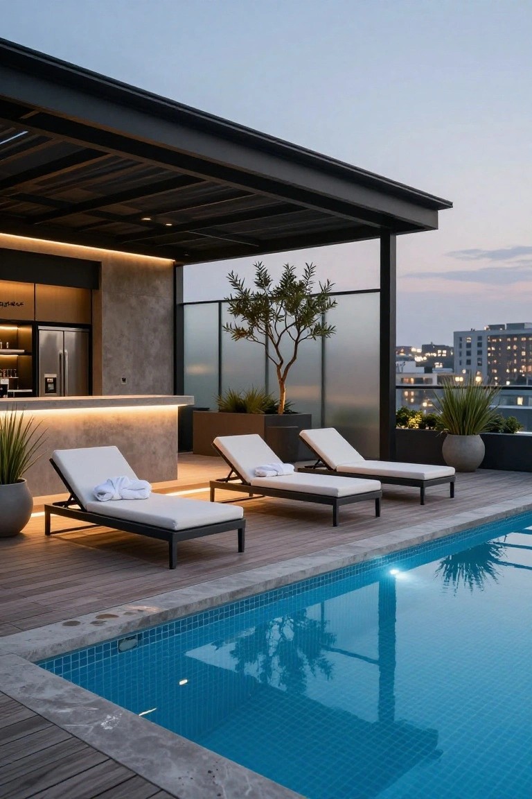 17 Dreamy Pool Deck With Pergola Ideas That Offer Shade and Style Rooftop pool deck under black metal pergola with white loungers, potted plants, concrete bar, and frosted glass panels at dusk with city skyline in background.