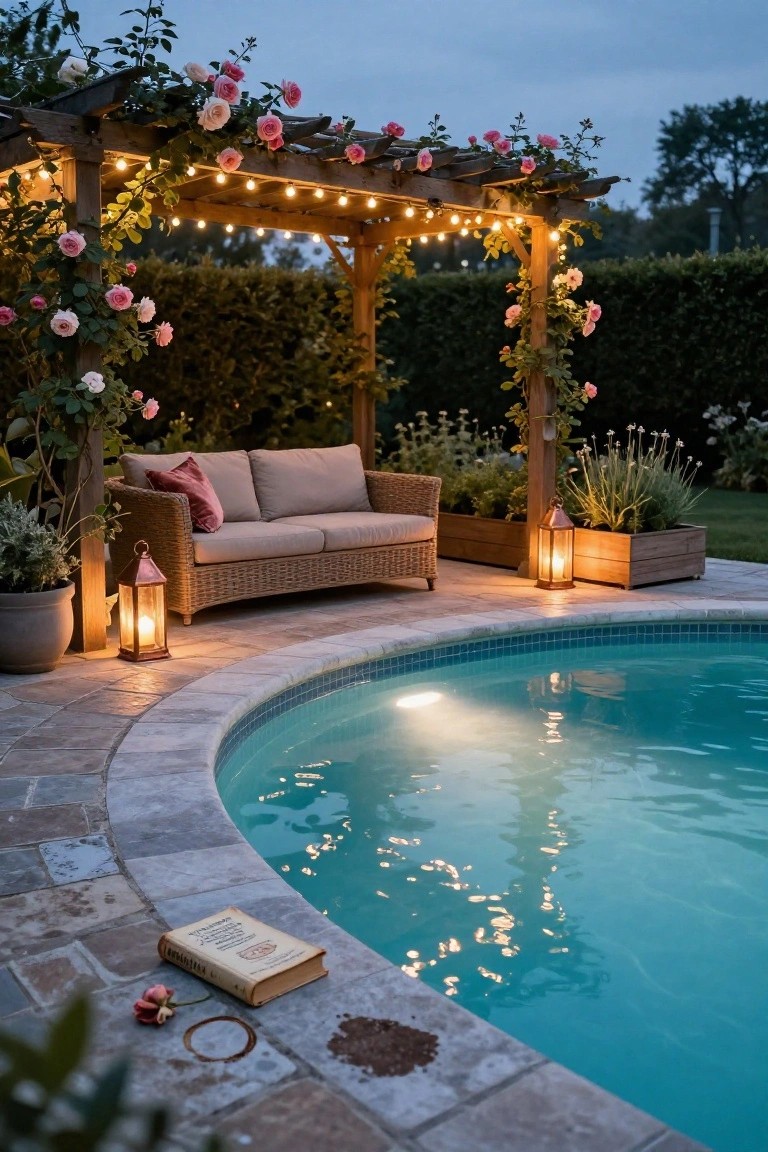 17 Dreamy Pool Deck With Pergola Ideas That Offer Shade and Style Wooden pergola covered in pink climbing roses and string lights over a beige rattan sofa with pink cushions on a pool deck at dusk, next to a curved turquoise pool with lanterns nearby and an open book on the stone edge.