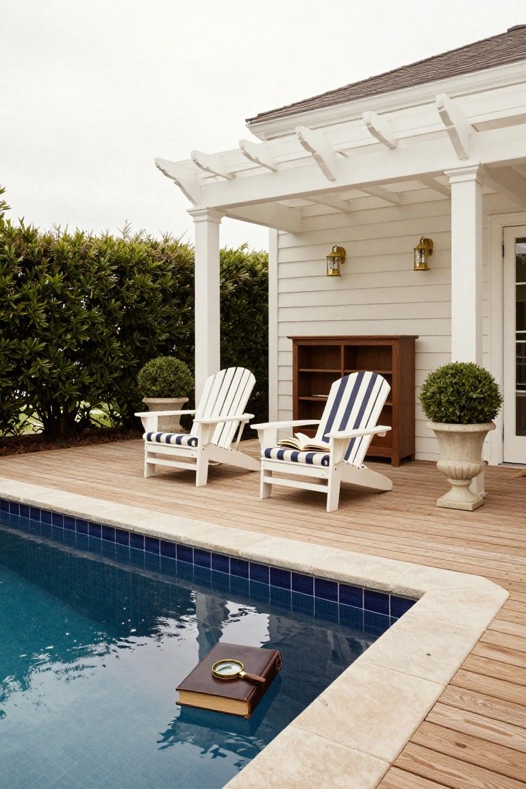 17 Dreamy Pool Deck With Pergola Ideas That Offer Shade and Style Wooden pool deck under white pergola with two Adirondack chairs in white frames and navy striped cushions, wooden cabinet, potted topiary plants, and pool edge with floating leather book and brass magnifying glass.