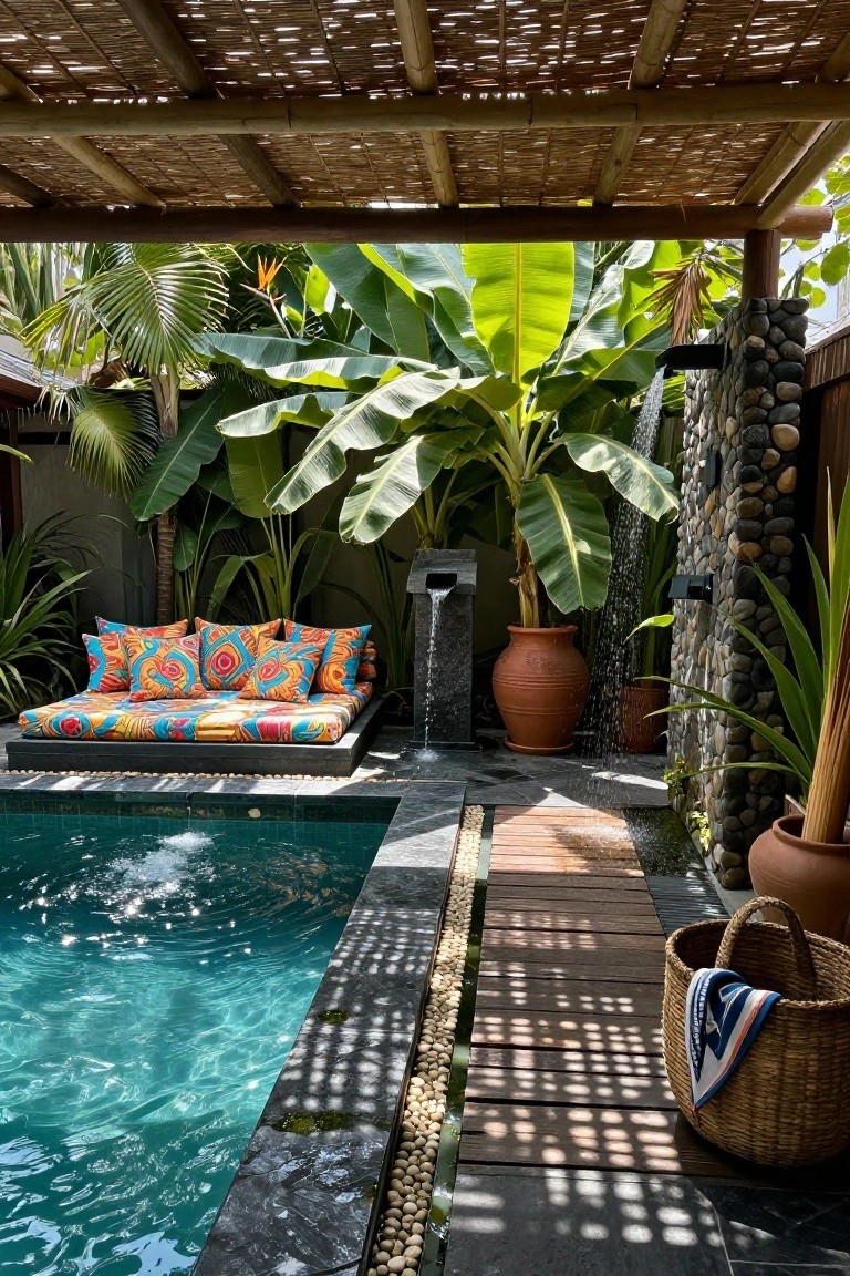 17 Dreamy Pool Deck With Pergola Ideas That Offer Shade and Style Outdoor pool deck featuring a turquoise infinity-edge pool adjacent to a raised platform daybed with colorful patterned cushions under a bamboo pergola, surrounded by banana plants, pebble walls, and water features.