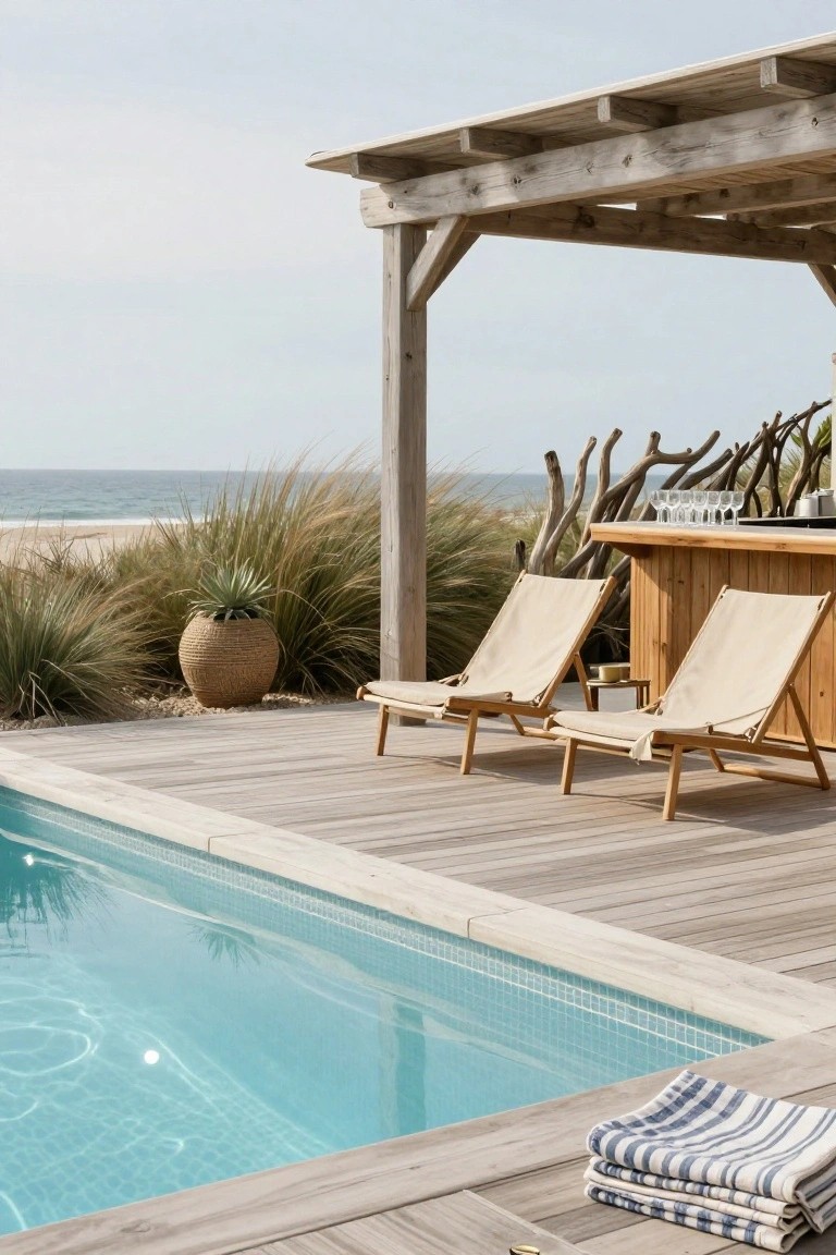 17 Dreamy Pool Deck With Pergola Ideas That Offer Shade and Style Wooden pergola over a pool deck with two beige canvas lounge chairs, wooden bar counter with glasses, potted plants, beach grasses, and turquoise pool beside ocean dunes.