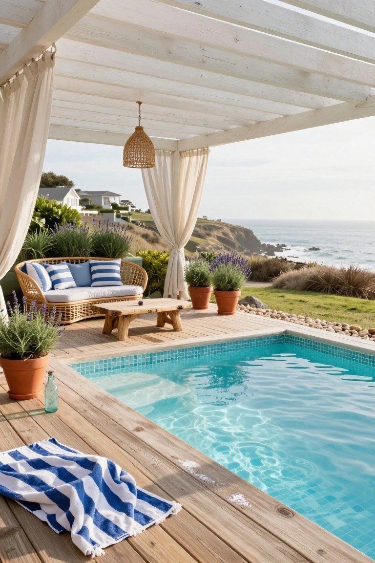 17 Dreamy Pool Deck With Pergola Ideas That Offer Shade and Style Wooden deck beside turquoise tiled pool under white pergola with sheer curtains, rattan sofa with blue striped cushions, wooden table, potted plants, and ocean view.