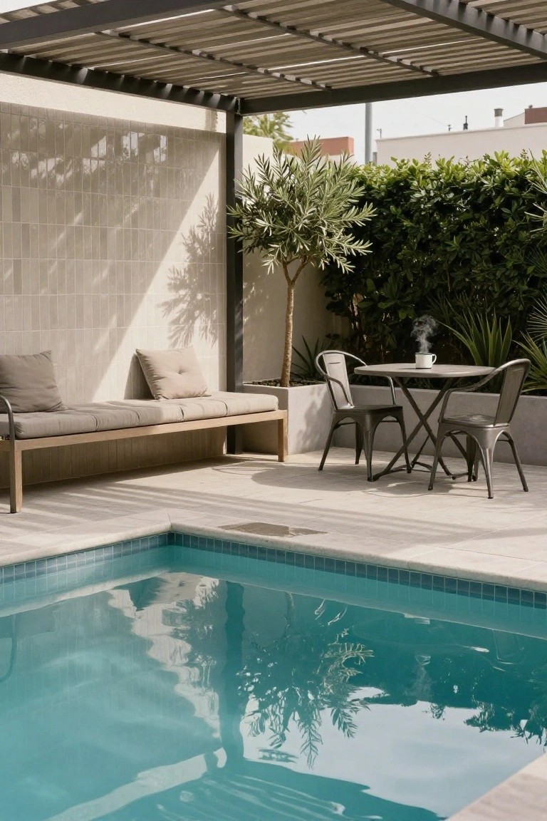 17 Dreamy Pool Deck With Pergola Ideas That Offer Shade and Style Slatted metal pergola over a tiled pool deck with a wooden bench with beige cushions, two metal chairs around a round metal table with a steaming cup, potted plants, greenery, and a small turquoise pool.