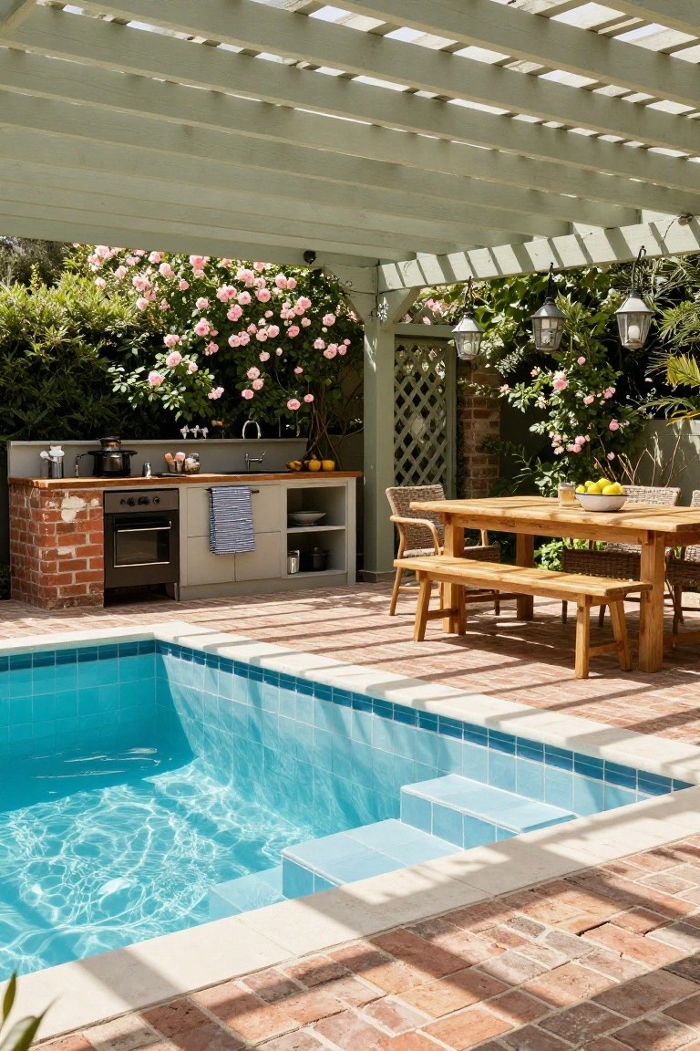 17 Dreamy Pool Deck With Pergola Ideas That Offer Shade and Style Brick outdoor kitchen with oven, sink, and cabinets under a light green wooden pergola next to a small turquoise-tiled pool with steps, wooden dining table with benches and chairs on brick pavers, pink roses and greenery around.