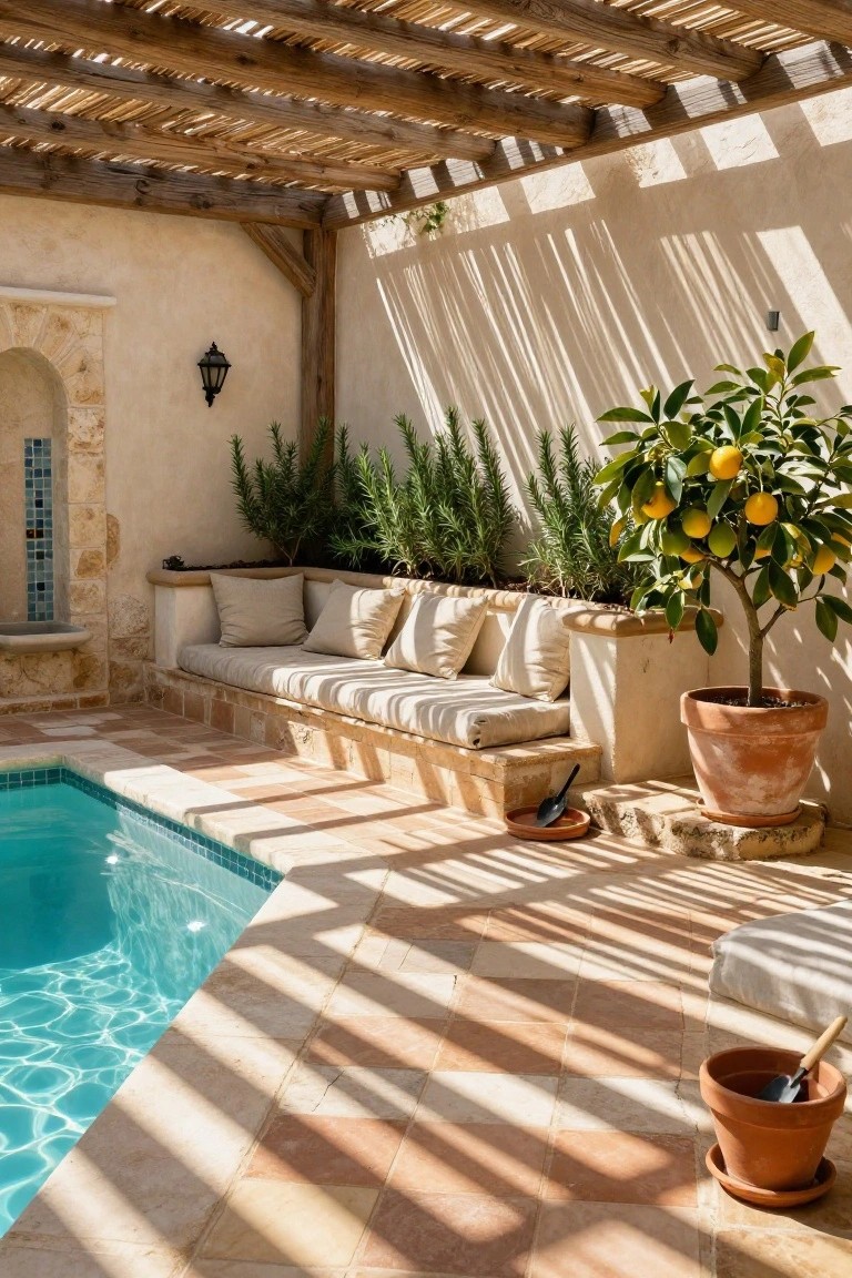 17 Dreamy Pool Deck With Pergola Ideas That Offer Shade and Style Pool deck with wooden pergola overhead shading a built-in beige cushioned bench, potted lemon tree, rosemary plants in raised bed, small turquoise pool, and terracotta tile flooring.