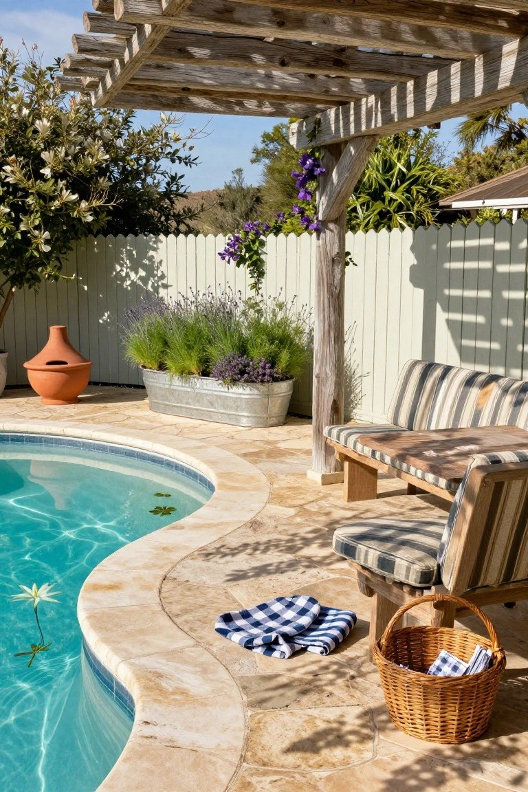 17 Dreamy Pool Deck With Pergola Ideas That Offer Shade and Style Curved turquoise pool edged in travertine, wooden pergola overhead with hanging purple flowers, cushioned bench, galvanized trough of lavender, terra cotta pot, checkered towels, and wicker basket on deck.