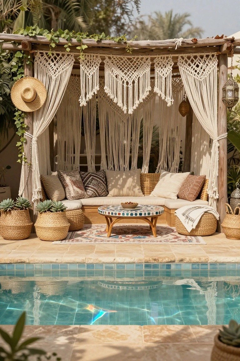 17 Dreamy Pool Deck With Pergola Ideas That Offer Shade and Style Wooden pergola draped with white macrame panels and sheer curtains over low beige bench seating with patterned pillows and cushions, low round table, woven baskets, rug, and potted succulents next to a turquoise-tiled pool with stone edging.