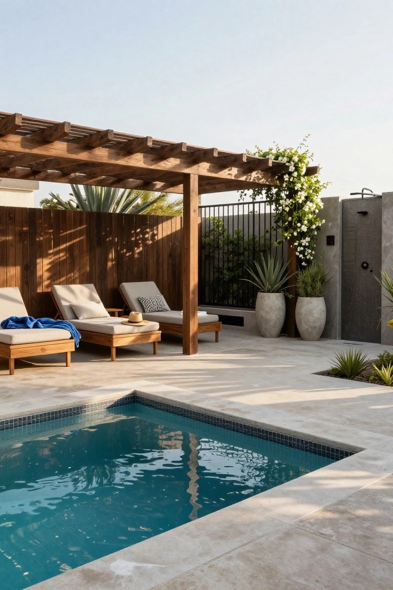 17 Dreamy Pool Deck With Pergola Ideas That Offer Shade and Style Small turquoise pool on travertine decking with wooden pergola shading two beige loungers, potted agaves, climbing white flowers on pergola posts, wooden fence, palm trees, and dark outdoor shower enclosure.