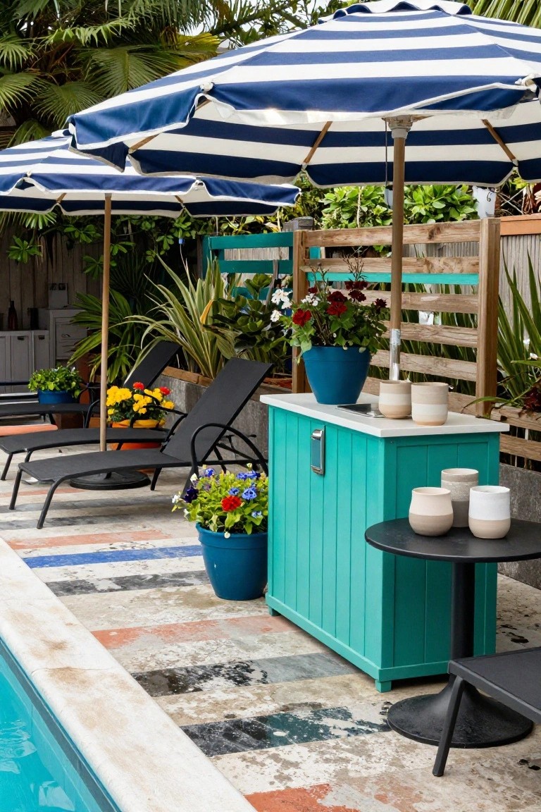 17 Easy Pool Deck Update Ideas That Make a Big Impact Pool deck featuring black lounge chairs under blue-and-white striped umbrellas, a turquoise wooden bar cabinet topped with ceramic mugs, potted plants in various colors, and a pool edge with multicolored tiles.