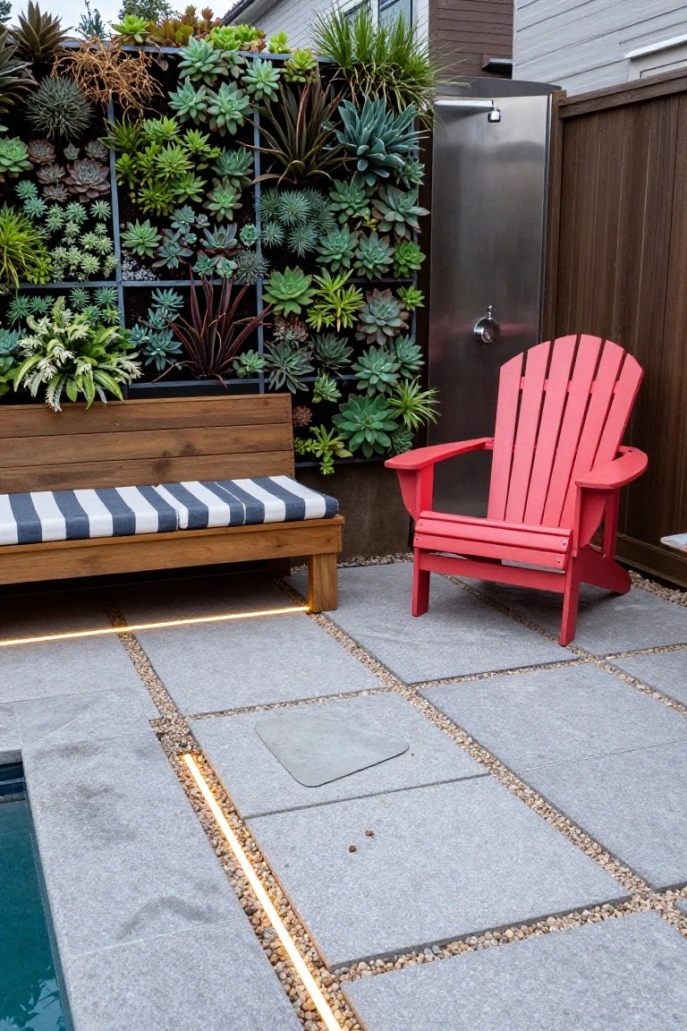 17 Easy Pool Deck Update Ideas That Make a Big Impact Pool deck with gray stone pavers, wooden bench with navy and white striped cushion, red Adirondack chair, stainless steel outdoor shower, and vertical wall covered in various succulents, plus pool edge with LED strip lighting.