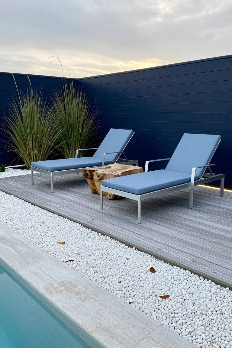 17 Easy Pool Deck Update Ideas That Make a Big Impact Two adjustable blue loungers with cushions and a tree trunk side table positioned on a light gray wood deck adjacent to a turquoise pool, separated by a strip of white pebbles, with tall grasses and a navy blue fence nearby.