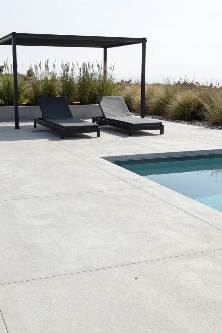 17 Easy Pool Deck Update Ideas That Make a Big Impact Two black lounge chairs positioned under a black metal pergola on a light concrete pool deck, surrounded by tall ornamental grasses next to a turquoise rectangular pool.