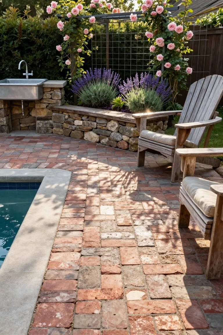 17 Easy Pool Deck Update Ideas That Make a Big Impact Brick paver deck leading to an in-ground pool with blue tiles, flanked by Adirondack chairs on a stone wall with an outdoor sink, lavender plants, and pink climbing roses on a metal trellis.