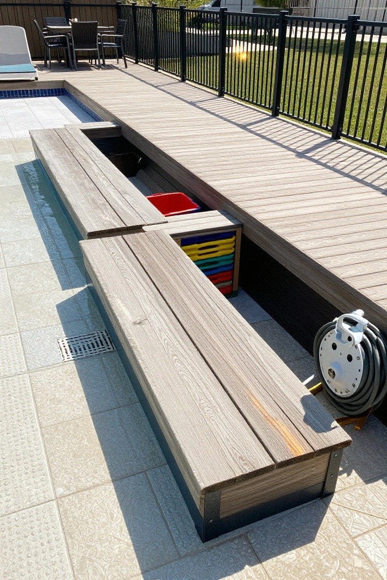 17 Easy Pool Deck Update Ideas That Make a Big Impact Wooden benches built into a pool deck edge with open compartments underneath containing red and yellow plastic bins and a mounted hose reel nearby.