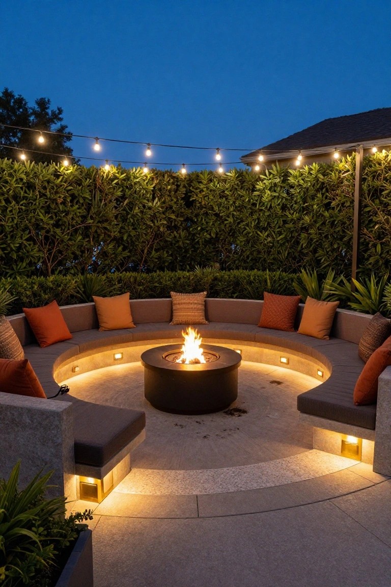17 Easy Pool Deck Update Ideas That Make a Big Impact Circular built-in gray stone bench seating with orange and patterned pillows surrounding a black cylindrical gas fire pit on a lit concrete patio at dusk, with green hedges, potted plants, string lights overhead, and low pathway lights.