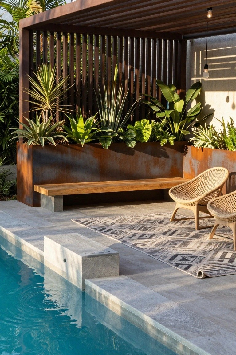 17 Easy Pool Deck Update Ideas That Make a Big Impact Pool deck featuring corten steel pergola structure, large matching steel planters with tropical plants, wooden bench, rattan chairs on a woven rug, and concrete steps leading into turquoise pool water.