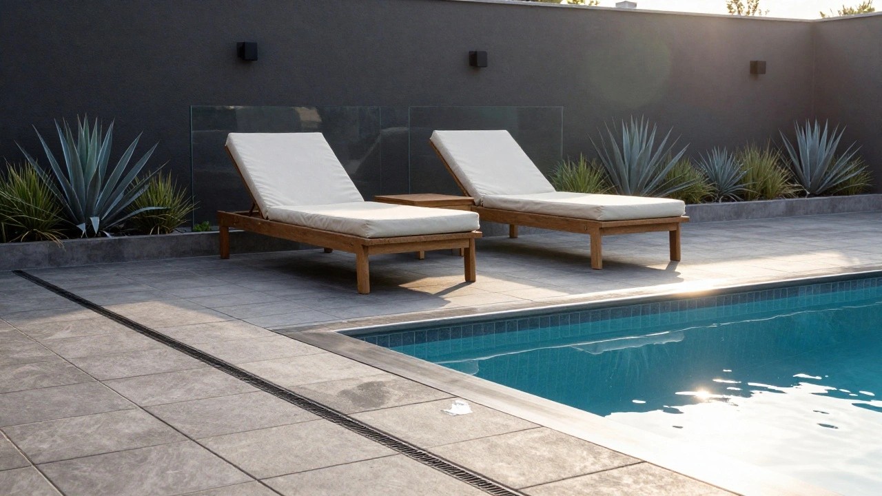 Close-up of a modern infinity-edge pool with stainless steel coping and integrated grated drainage channel along light gray tiled deck, wooden loungers, agave plants in raised bed, and dark textured wall backdrop.