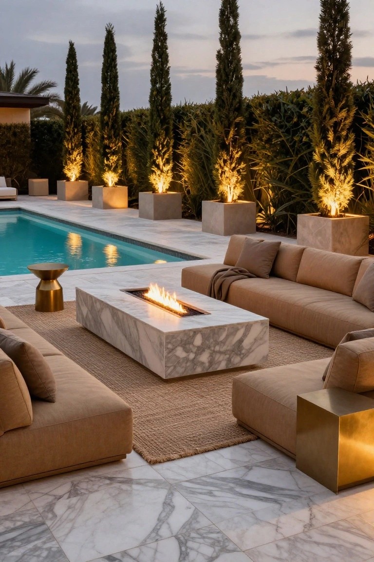 17 Easy Pool Deck Update Ideas That Make a Big Impact Turquoise pool edged by white veined marble tiles on the deck, beige low sofas around a matching marble table with linear gas fire pit, gold side tables, beige cushions, seagrass rug, surrounded by tall lit cypress trees in square planters and hedges at dusk.