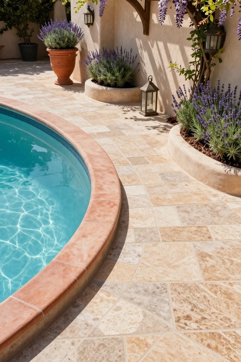 17 Easy Pool Deck Update Ideas That Make a Big Impact Curved blue swimming pool with reddish-brown bullnose tile coping and surrounding beige rectangular stone paver deck, with raised planters of lavender plants, terracotta pots, lanterns, and wisteria vine on a stucco wall.