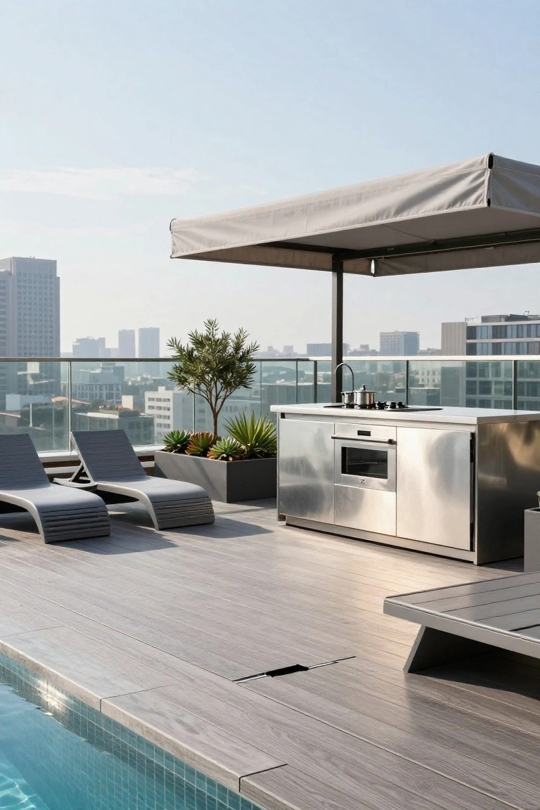 17 Easy Pool Deck Update Ideas That Make a Big Impact Rooftop terrace featuring a stainless steel outdoor kitchen with cooktop, sink, and oven next to a wood deck, lounge chairs, plants, a small pool edge, and city buildings in the background.