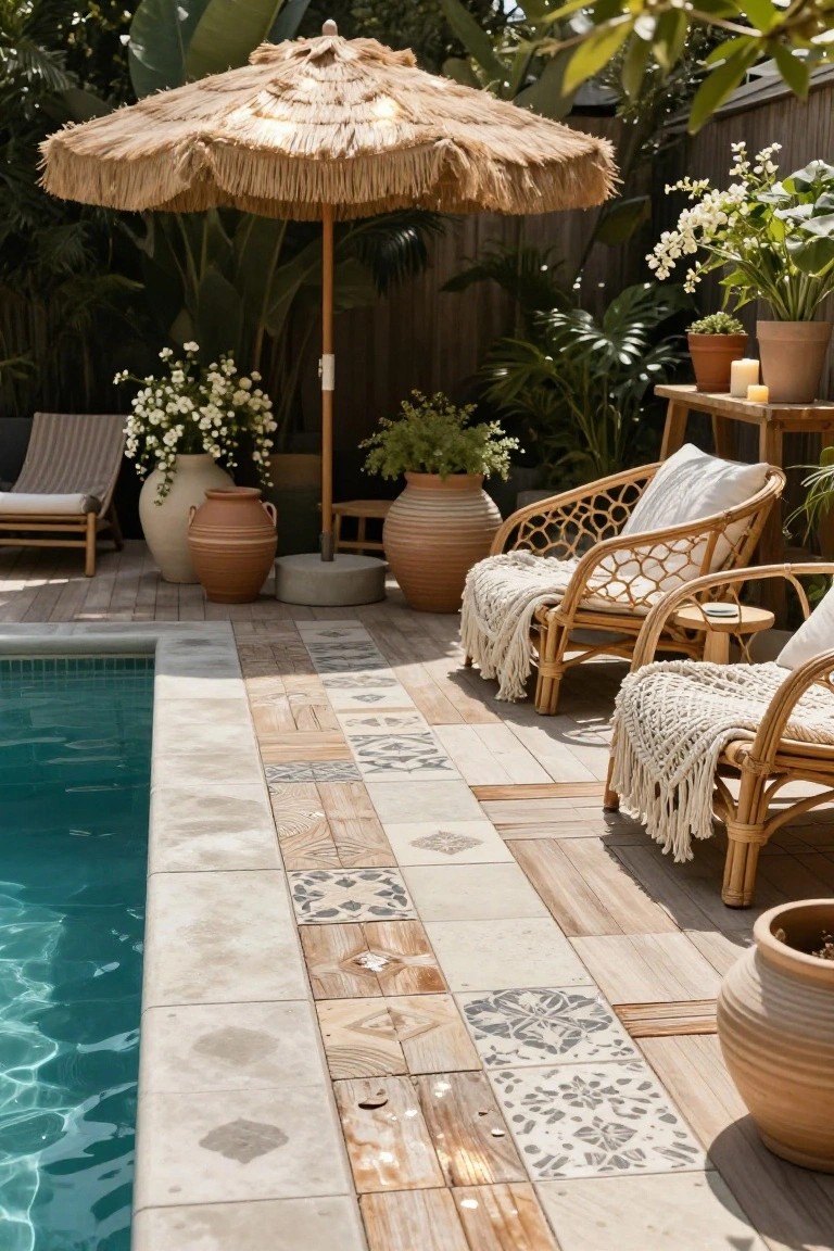 17 Easy Pool Deck Update Ideas That Make a Big Impact Pool deck edge with beige stone coping, mixed geometric-patterned tiles, and wooden planks beside a rectangular turquoise pool, flanked by rattan chairs with white cushions and throws, potted plants, and a thatched umbrella.
