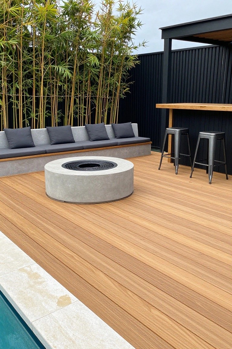 17 Easy Pool Deck Update Ideas That Make a Big Impact Pool deck with central gray concrete fire pit ring, built-in L-shaped concrete bench seating with gray cushions, wooden decking, black-walled bar counter with metal stools, bamboo screening along fence, and edge adjacent to blue swimming pool.
