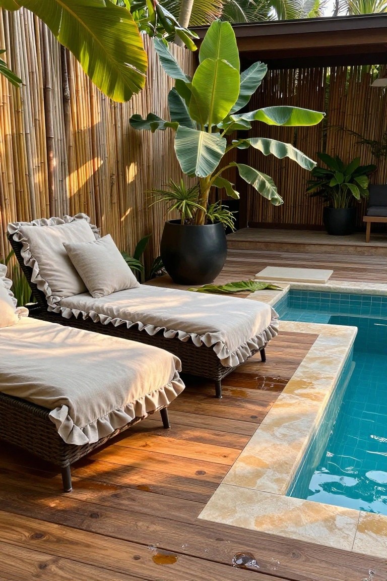 17 Easy Pool Deck Update Ideas That Make a Big Impact Two beige rattan chaise loungers with ruffled white cushions positioned next to a turquoise tiled pool on a wooden deck surrounded by bamboo fencing and tropical plants like banana trees.