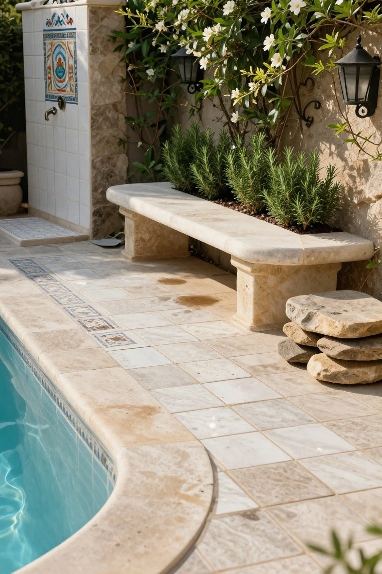 17 Easy Pool Deck Update Ideas That Make a Big Impact Pool deck featuring a white stone bench next to turquoise pool water, with rosemary plants in a trough beside it, a tiled outdoor shower structure, stacked rocks, and climbing white flowers on a stucco wall.