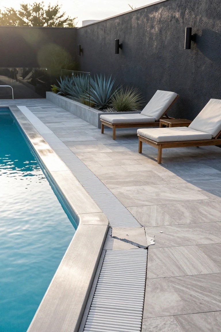 17 Easy Pool Deck Update Ideas That Make a Big Impact Close-up of a modern infinity-edge pool with stainless steel coping and integrated grated drainage channel along light gray tiled deck, wooden loungers, agave plants in raised bed, and dark textured wall backdrop.