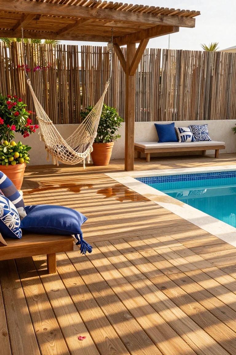 17 Easy Pool Deck Update Ideas That Make a Big Impact Wooden deck bordering a blue-tiled infinity pool, with a pergola-shaded lounge area including a hammock, bench with blue pillows, and potted plants.