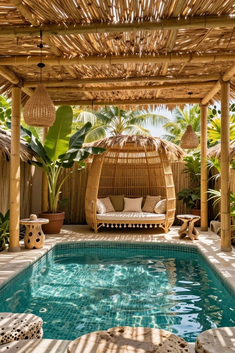 17 Elegant Pool Deck Pergola Designs That Add Structure and Shade Small turquoise-tiled pool on a stone deck under a bamboo and thatch pergola with hanging lanterns, a large woven dome daybed, potted plants, and stools.