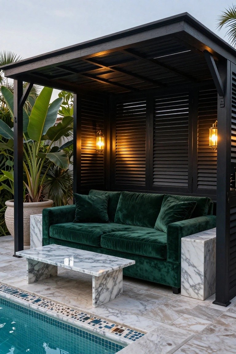 17 Elegant Pool Deck Pergola Designs That Add Structure and Shade Black louvered pergola enclosing a green velvet sofa, marble side tables, and low coffee table on a tiled pool deck next to a swimming pool, with potted plants and palm trees nearby.