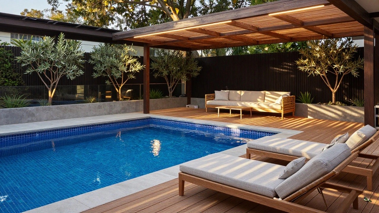 Wooden slatted pergola over a pool deck with white L-shaped sofa, three woven poufs, concrete planters with olive trees and agaves, glass railing, beside a blue mosaic-tiled swimming pool.