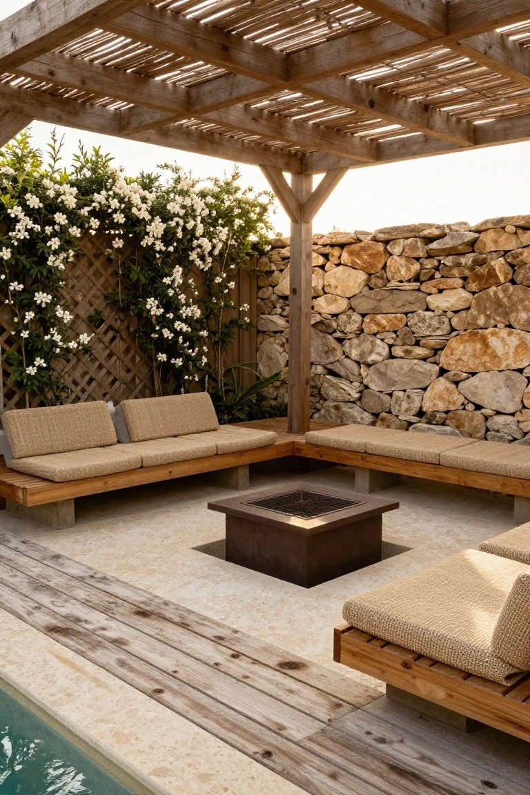17 Elegant Pool Deck Pergola Designs That Add Structure and Shade Wooden L-shaped benches with beige cushions surround a square metal fire pit under a slatted pergola on a pool deck with stone walls, greenery, and a nearby swimming pool.