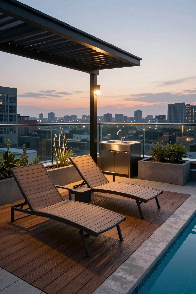 17 Elegant Pool Deck Pergola Designs That Add Structure and Shade Rooftop pool deck with black metal pergola shading two brown wood loungers, a stainless steel sink cabinet, potted plants, and glass railing overlooking city skyline at sunset.