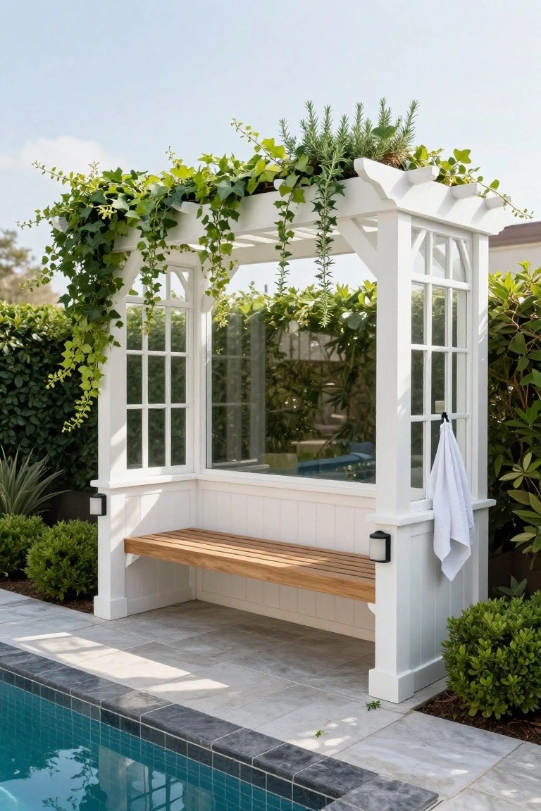 17 Elegant Pool Deck Pergola Designs That Add Structure and Shade White wooden pergola with climbing green vines overhead, glass-paneled sides enclosing a wooden bench, a white towel hanging on one post, positioned next to a turquoise pool with surrounding plants and pavers.