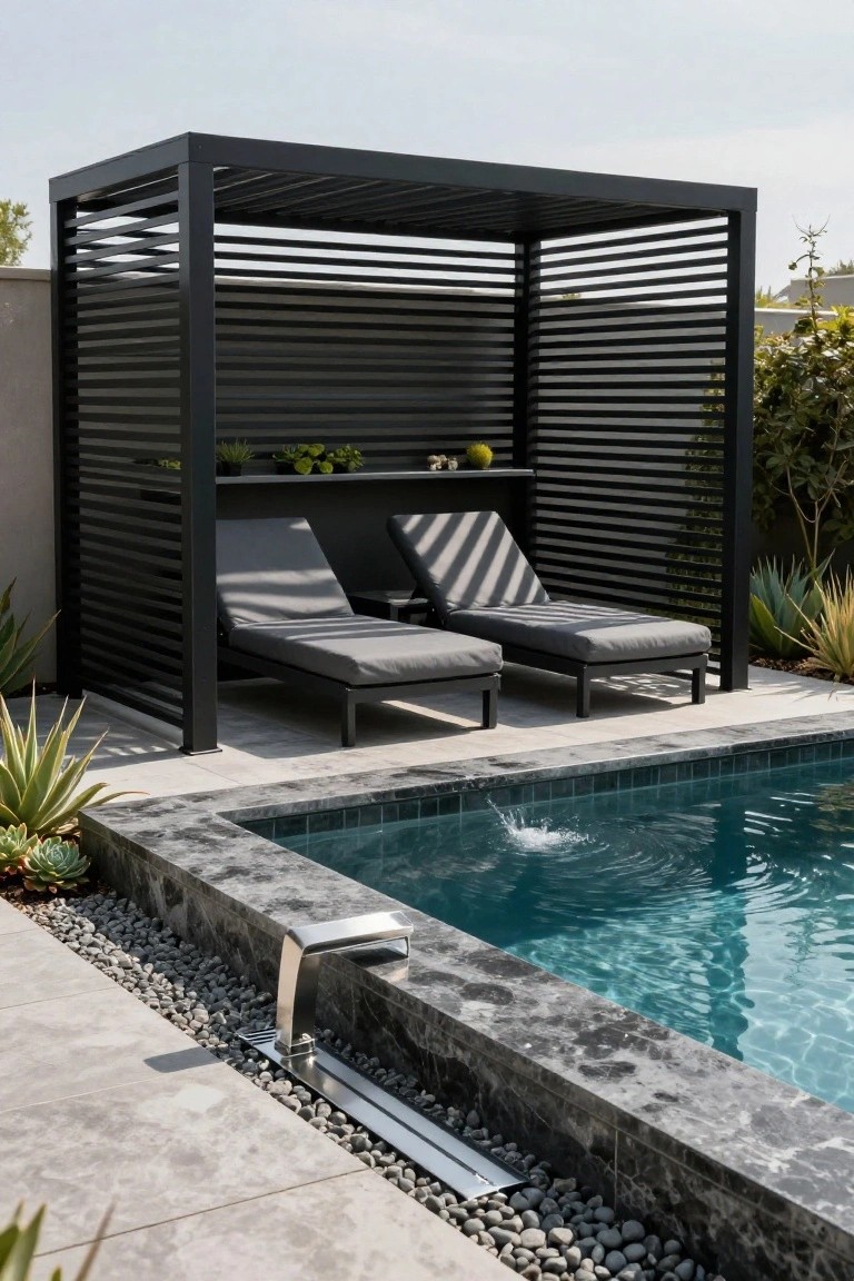 17 Elegant Pool Deck Pergola Designs That Add Structure and Shade Black slatted metal pergola sheltering two gray lounge chairs next to a turquoise pool with dark stone edging, a metal water feature, succulents, and pebble mulch on a light stone deck.